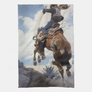 Vintage Western Cowboys, Bucking by NC Wyeth Kitchen Towel