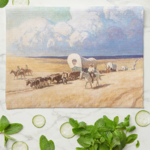 Vintage Western Cowboys, Covered Wagons by Wyeth Kitchen Towel