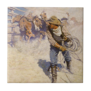 Vintage Western Cowboys, In the Corral by NC Wyeth Tile