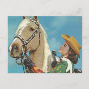 Vintage Western Cowgirl and Palomino Horse Postcard