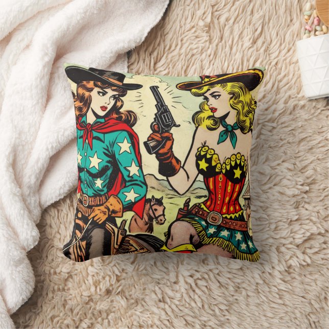 Vintage Western Cowgirl Comics Throw Pillow (Blanket)