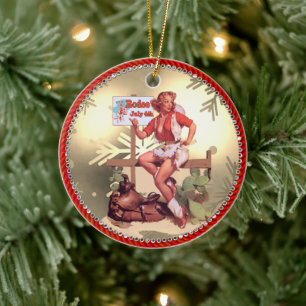 Vintage Western Cowgirl On Fence With Saddle Ceramic Ornament
