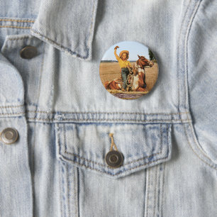 Vintage Western Cowgirl On Horse Waving 2 Inch Round Button