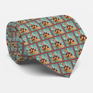 Vintage Western Cowgirl On Wooden Horse SM print Tie