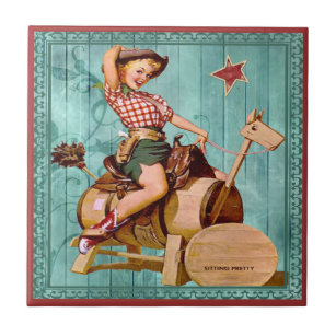 Vintage Western Cowgirl On Wooden Horse Turquoise Tile