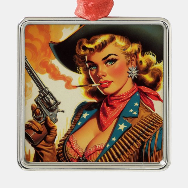 Vintage Western Cowgirl Pin Up Metal Ornament (Front)