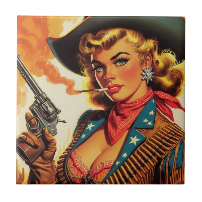 Vintage Western Cowgirl Pin Up Tile (Front)
