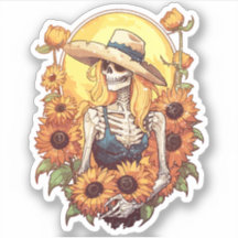 Vintage Western Cowgirl Skeleton With Sunflowers