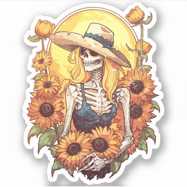 Vintage Western Cowgirl Skeleton With Sunflowers (Front)