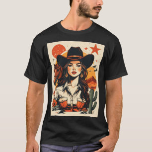Vintage Western Cowgirl Sunset Illustration  T-Shirt