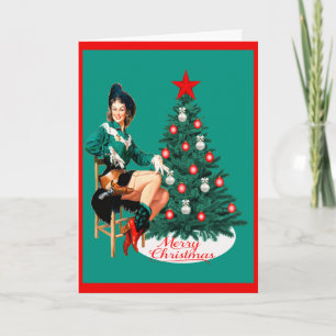 Vintage Western Cowgirl With Christmas Tree Holiday Card
