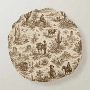 Vintage Western Desert Toile Seamless Pattern Round Pillow