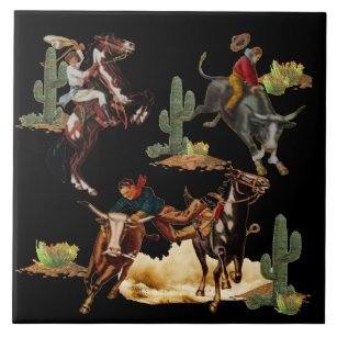 Vintage Western Rodeo Events Cowboy Cowgirl    Tile