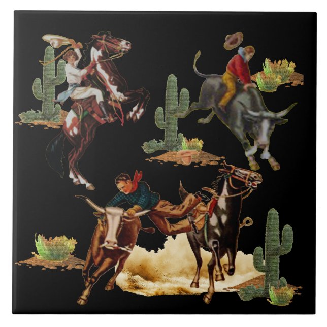 Vintage Western Rodeo Events Cowboy Cowgirl    Tile (Front)