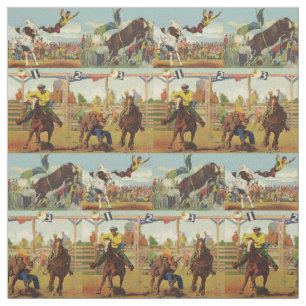 Vintage Western Rodeo Events Cowboys Horses Bulls Fabric