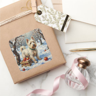 Vintage Westie in Snowy Winter Orchard Christmas Square Sticker