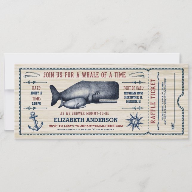 Vintage Whale, Baby Shower Ticket Invitation (Front)