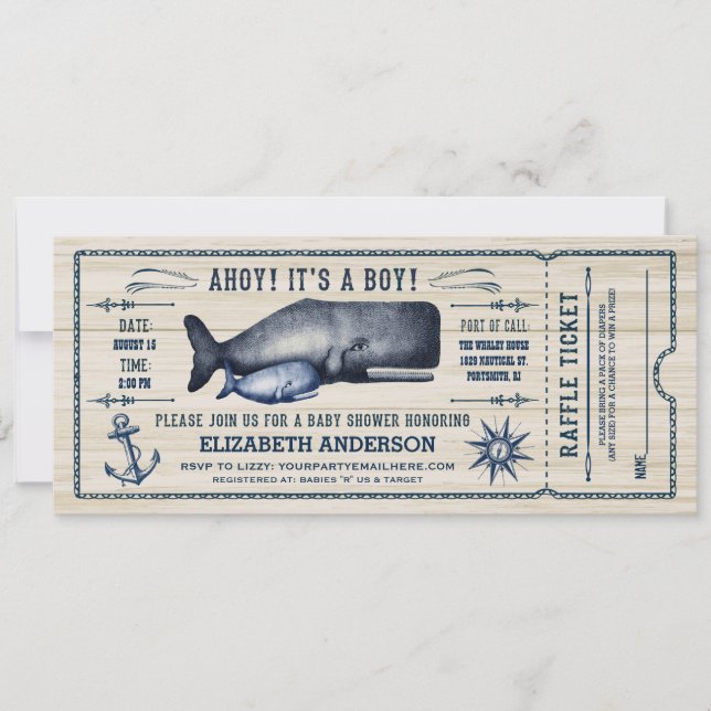 Vintage Whale, Baby Shower Ticket Invitation (Front)