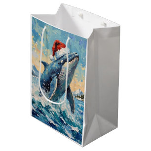 Vintage Whale with Santa Hat Christmas Scene Medium Gift Bag