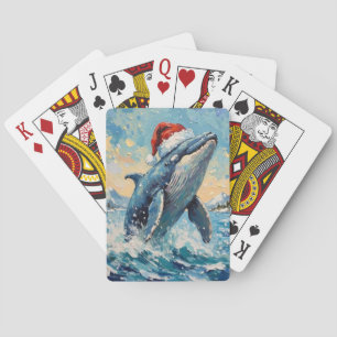 Vintage Whale with Santa Hat Christmas Scene Playing Cards
