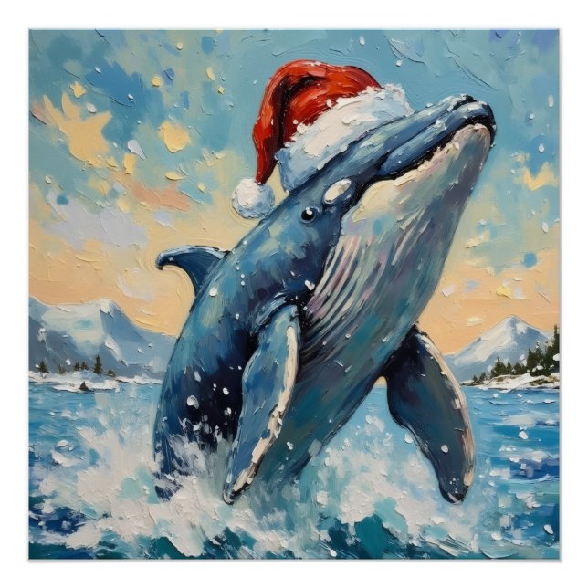 Vintage Whale with Santa Hat Christmas Scene Poster (Front)