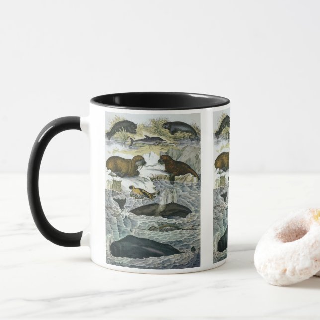 Vintage Whales, Seals and Walruses, Marine Animals Mug (With Donut)