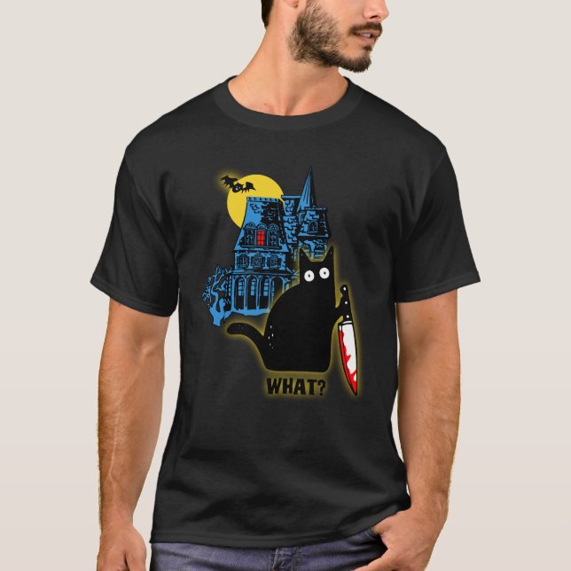 Vintage "What?" Cat with Bloody Knife T-Shirt (Front)
