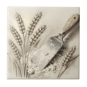 Vintage Wheat Stalks Flour Dough Scraper Illustrat Tile