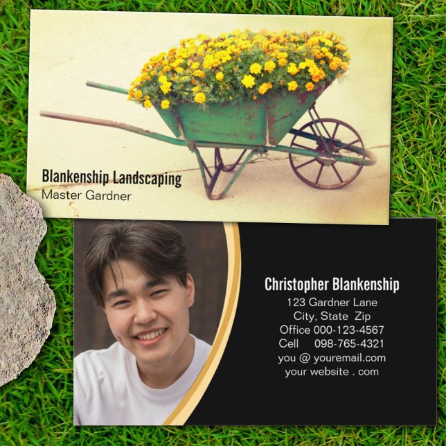 Vintage Wheelbarrow Flowers Gardener Custom Photo  Business Card (Creator Uploaded)