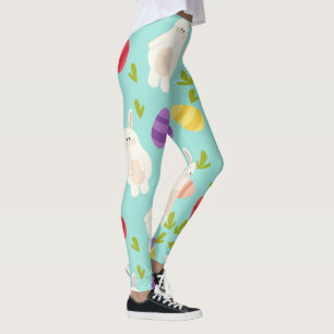 Vintage whimsical bunny and egg turquoise pattern leggings