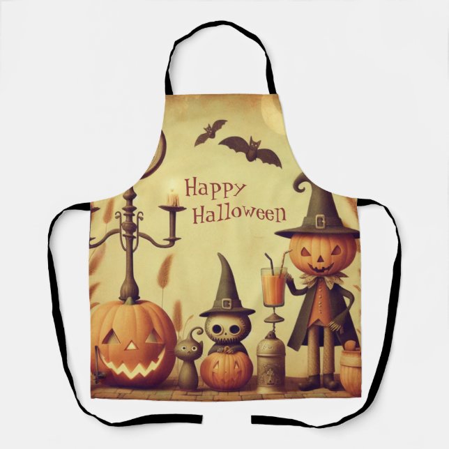 Vintage, whimsical Halloween pumpkins & bats Apron (Front)