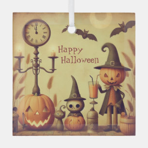 Vintage, whimsical Halloween pumpkins & bats Glass Ornament