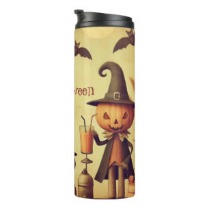 Vintage, whimsical Halloween pumpkins & bats Thermal Tumbler