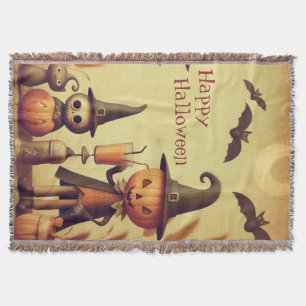 Vintage, whimsical Halloween pumpkins & bats Throw Blanket