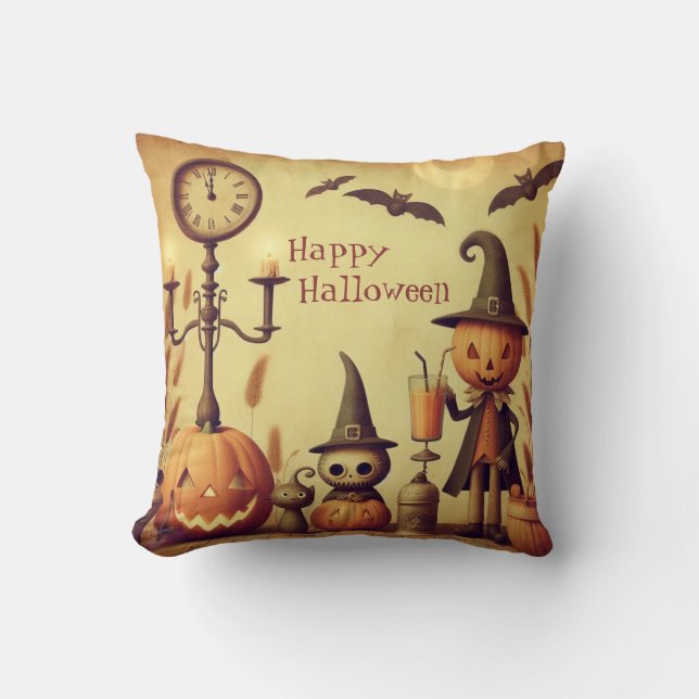 Vintage, whimsical Halloween pumpkins & bats Throw Pillow (Front)