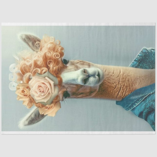 Vintage Whimsical Llama with Flowers Decoupage Tissue Paper (Front)