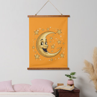 Vintage Whimsical Man in the Moon | Golden Celesti Hanging Tapestry