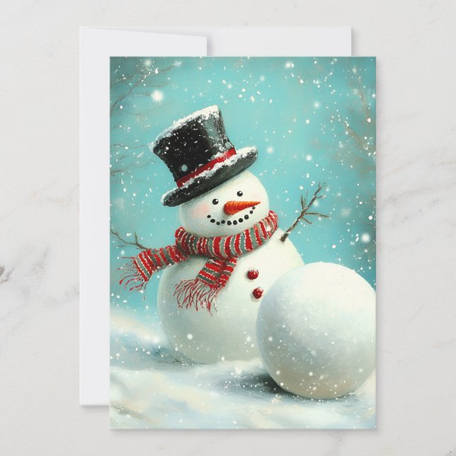 Vintage Whimsical Winter Snowman Joy Holiday Card (Front)