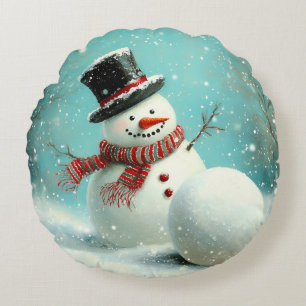 Vintage Whimsical Winter Snowman Joy Round Pillow