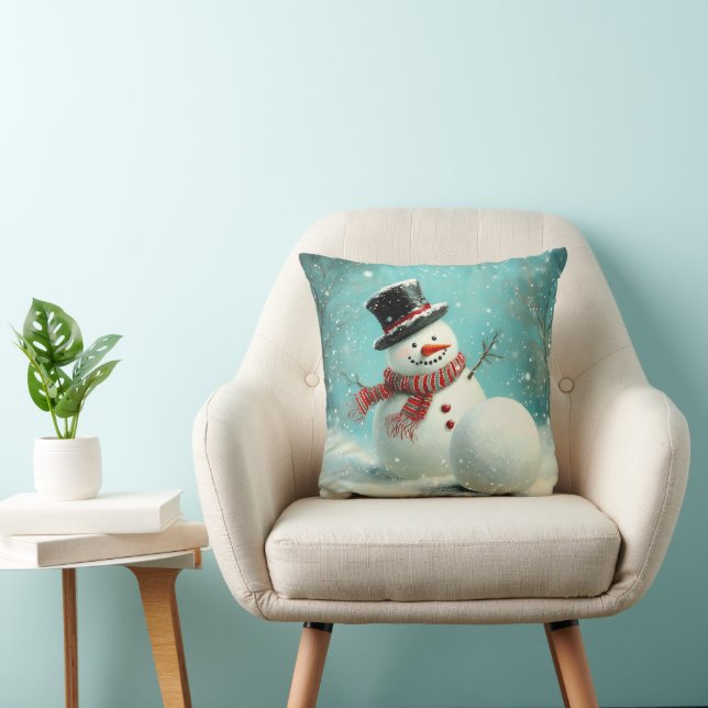 Vintage Whimsical Winter Snowman Joy Throw Pillow (Chair)