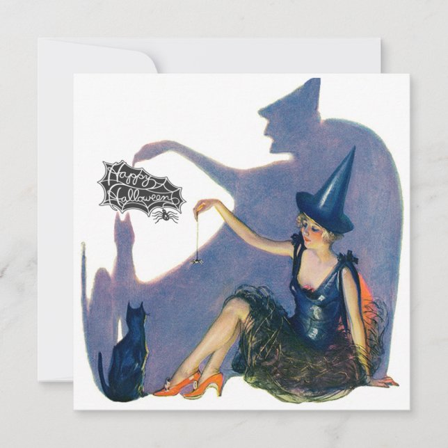 Vintage Whimsical Witch & Cat Halloween Party Invitation (Front)
