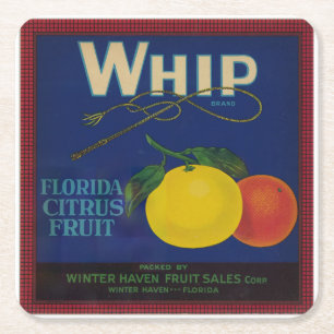 Vintage Whip Citrus Fruit Label Square Paper Coaster