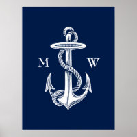 Vintage White Anchor Rope Navy Blue Background