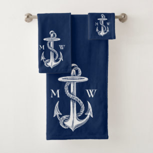Vintage White Anchor Rope Navy Blue Monogram Bath Towel Set