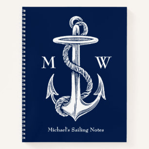 Vintage White Anchor Rope Navy Blue Monogram Notebook