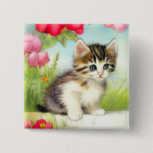 Vintage White and Brown Kitten with Flowers 2 Inch Square Button