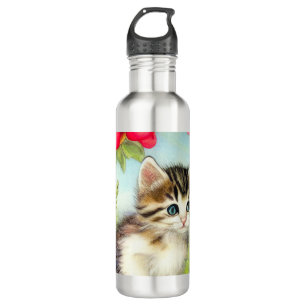 Vintage White and Brown Kitten with Flowers 710 Ml Water Bottle