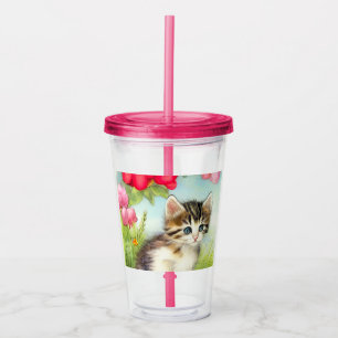 Vintage White and Brown Kitten with Flowers Acrylic Tumbler