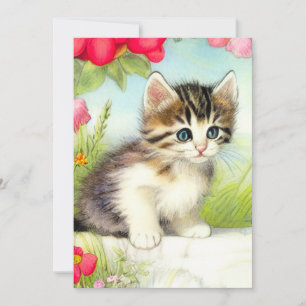 Vintage White and Brown Kitten with Flowers Announcement