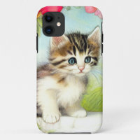 Vintage White and Brown Kitten with Flowers